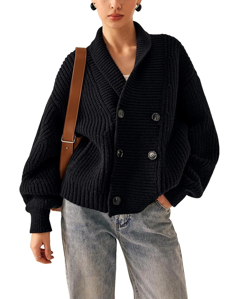 Xiaoxuemeng Womens Knitted Cardigan Sweater Button Down Shawl Collar Cardigan Jackets Chunky Ribb... | Amazon (US)