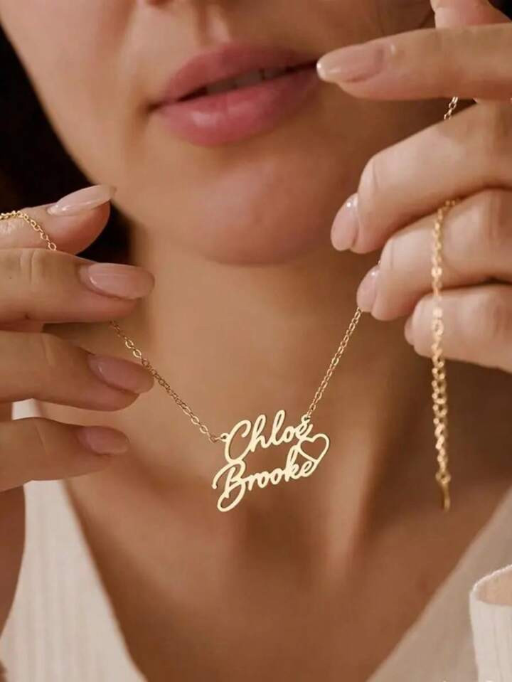 1pc Gold Gold Silver Rose Gold Custom Gold Romantic Double Heart Necklace, Couple Brand Pendant Necklace, Fashion Wedding Jewelry, The Best Gift For Her Thanksgiving Christmas | SHEIN