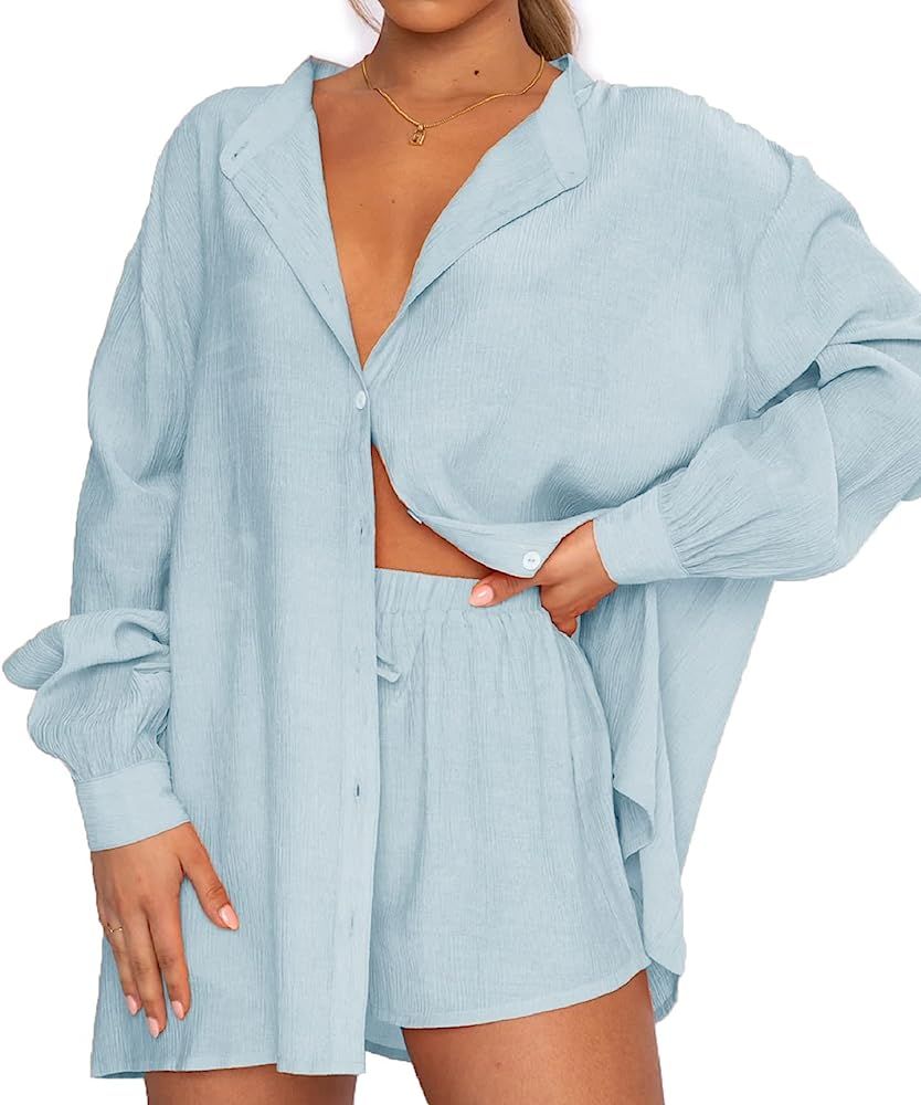 Women Casual 2 Piece Tracksuit Loose Button Blouse Shirt Top High Wasit Elastic Shorts Set Loungewea | Amazon (US)