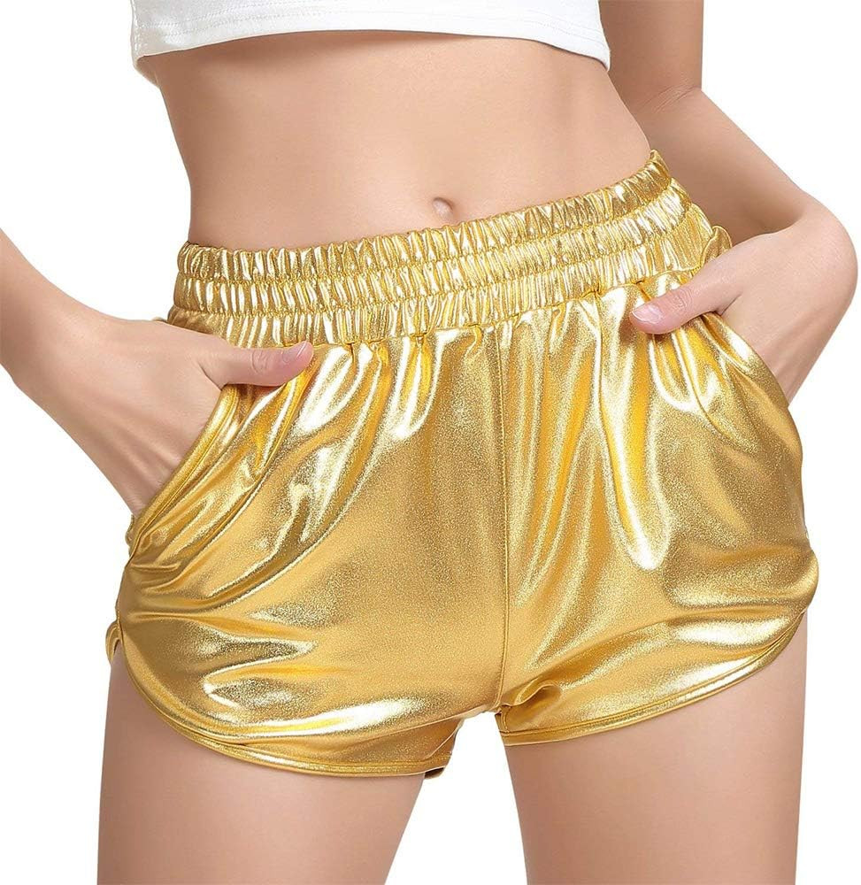 MAKARTHY Women's Metallic Shorts Elastic Waist Shiny Sparkly Rave Pants | Amazon (US)