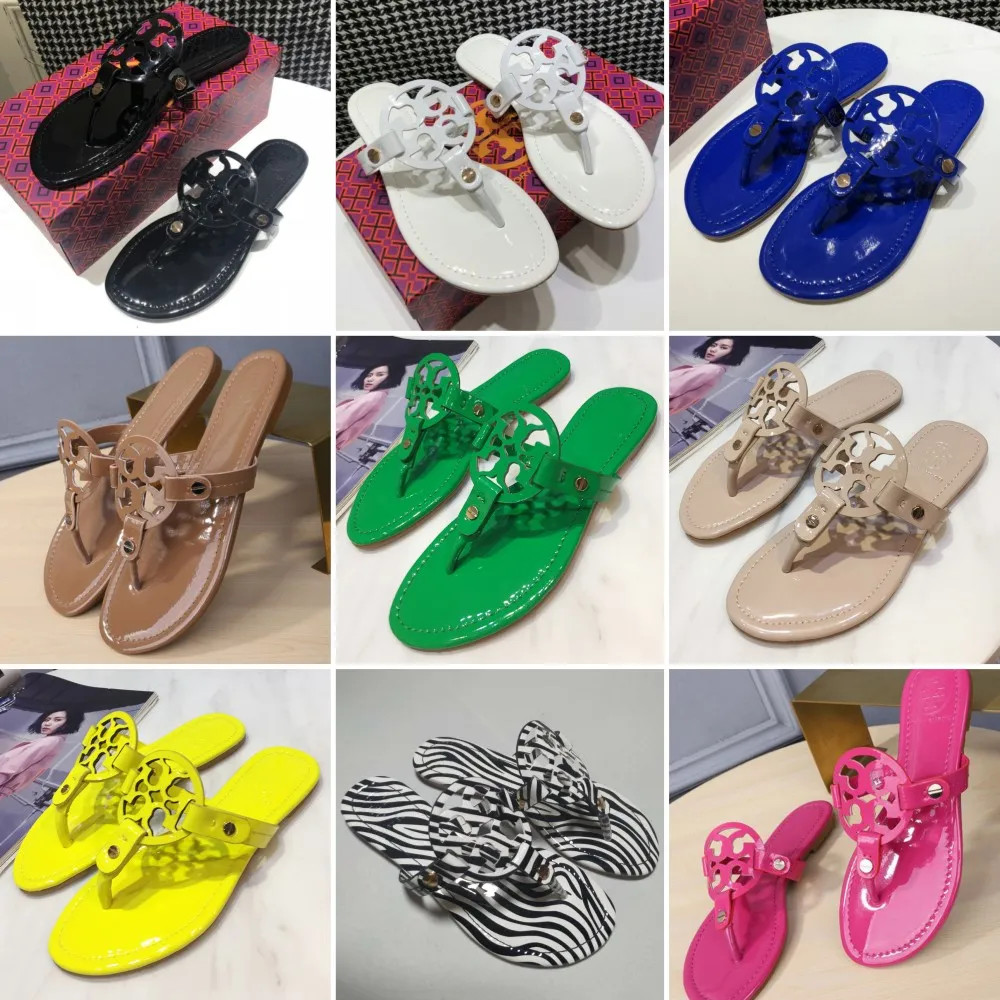 Tory Burch Dupe Flip Flops Flat Slippers Sandals Patent Leather Lady Fashion Metal Beach Slides F... | DHGate