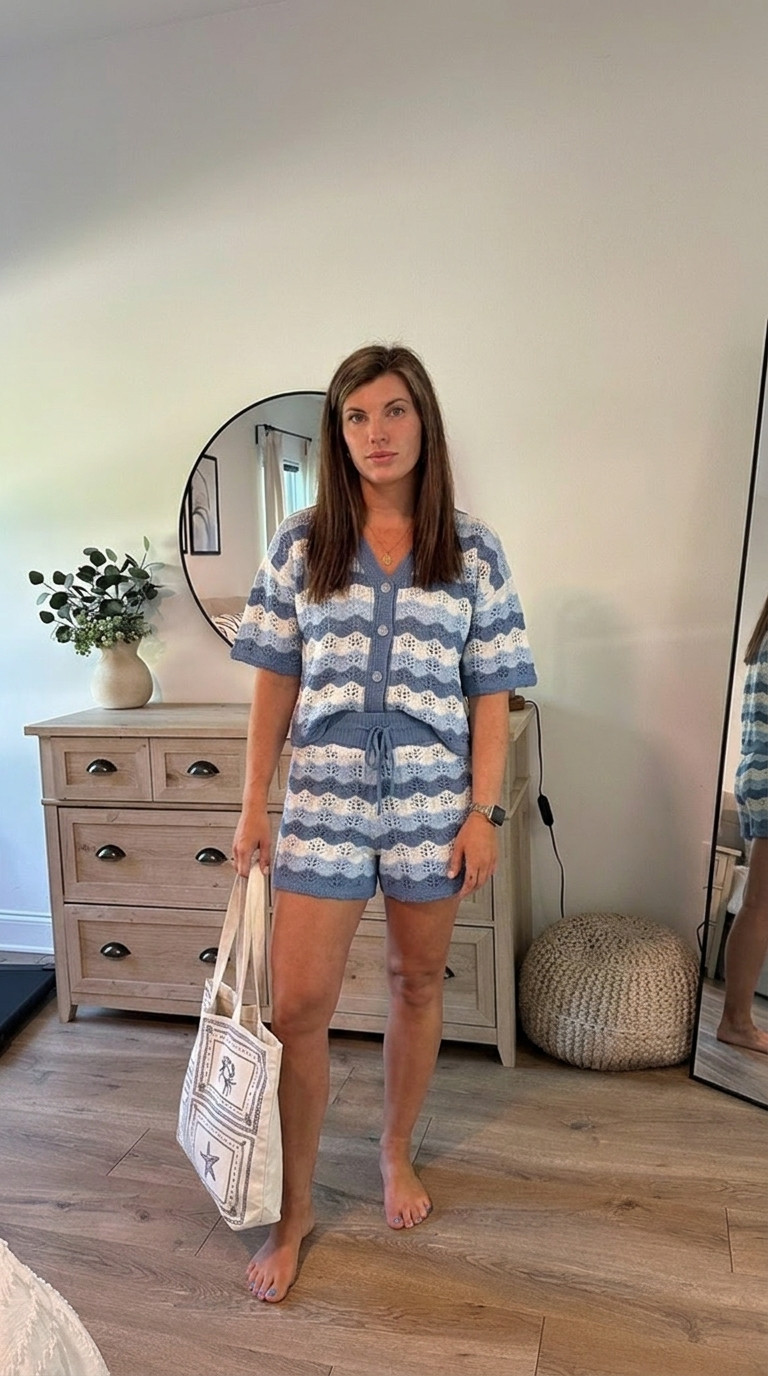 Blue and white crochet matching set from Target giving effortless coastal summer vibes 🌊✨ This lightweight knit two-piece outfit is perfect for beach vacations, poolside lounging, summer errands, resort wear, and casual everyday style. Featuring a relaxed button-front top and comfy drawstring shorts paired with a neutral beach tote for the ultimate coastal  aesthetic. 

Target matching set, crochet matching set women, Target summer outfit, coastal grandmother outfit, beach vacation outfit, knit shorts set women, blue and white matching set, Target resort wear, casual summer outfit women, affordable Target fashion, coastal chic style, vacation lounge set, Target fashion finds, lightweight summer outfit, beachy aesthetic outfit, comfy summer set women, resort casual look, Target clothing haul, cute vacation outfits, LTK Target finds 

 #LTKootd #LTKmomlife #LTKSeasonal