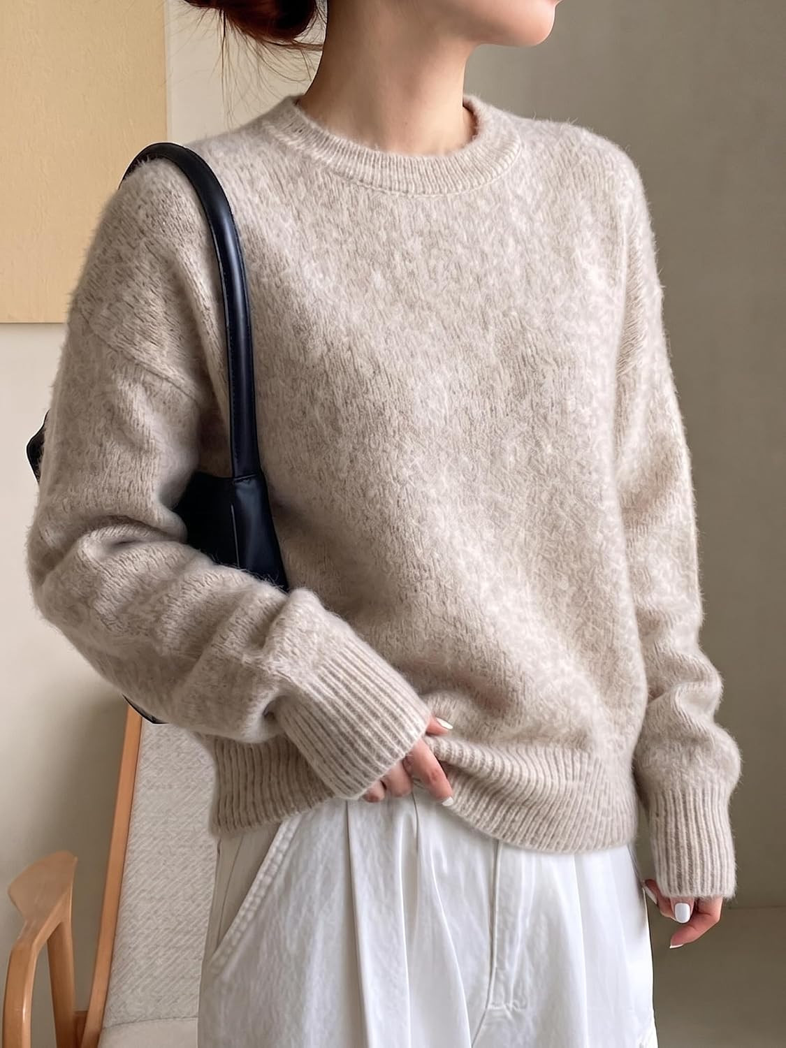 Women's Fuzzy Mohair Blend Crewneck Sweater Long Sleeve | Amazon (US)