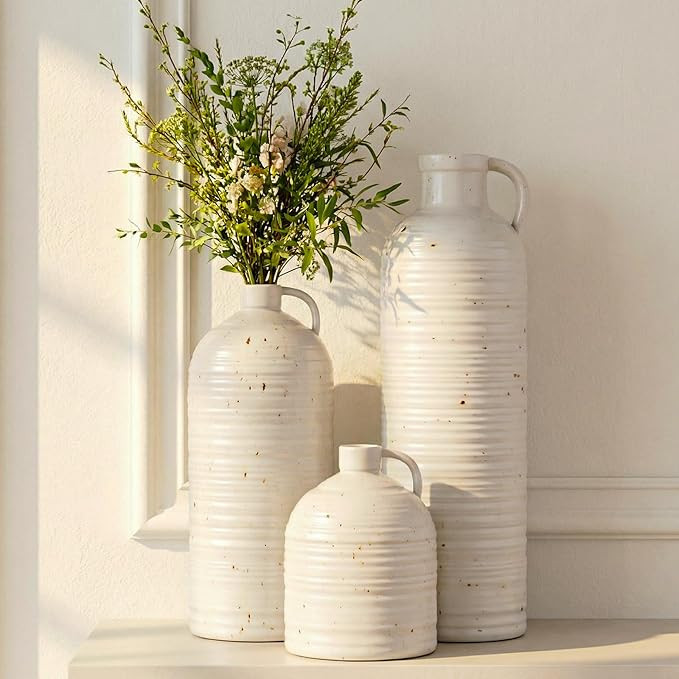 Amazon.com: Firehold Ceramic Vase Set of 3, Rustic Home Decor Vases for Modern Farmhouse, White B... | Amazon (US)