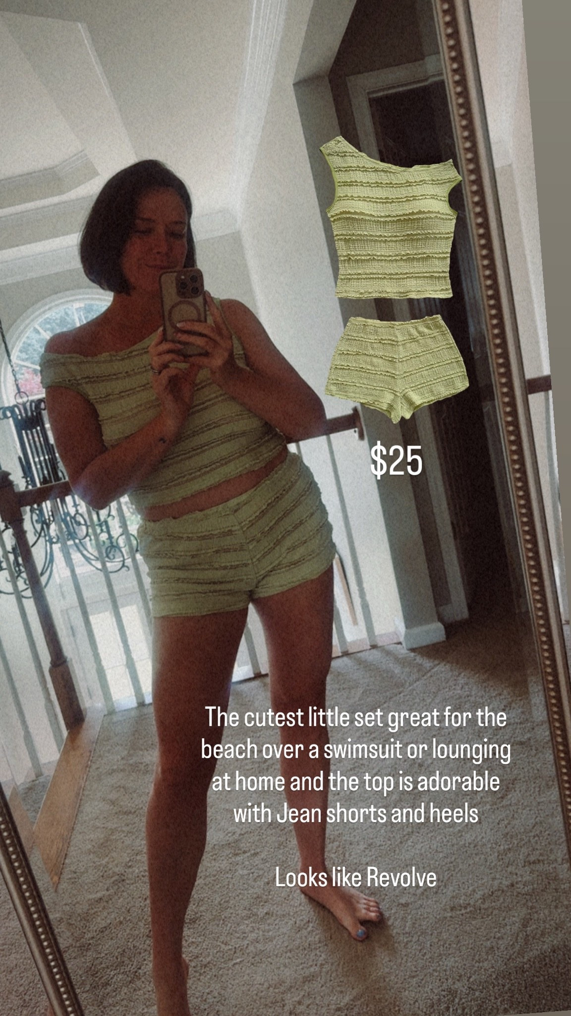 Revolve inspired hot shorts summer set ! So cute or a beach fit /over a swimsuit and the top is SO cute with denim shorts ! #summerset #revolveinspired #rufflesets
