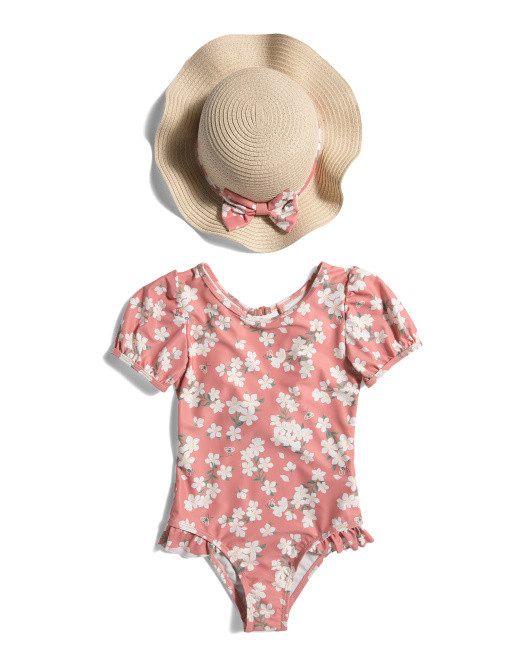 Toddler Girls Floral Printed One-piece Swimsuit With Hat | TJ Maxx