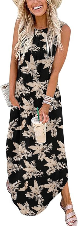 Zeagoo Women Floral Summer Dress Casual Beach Dress Printed Tank Dress with Pockets Pleated Front... | Amazon (US)
