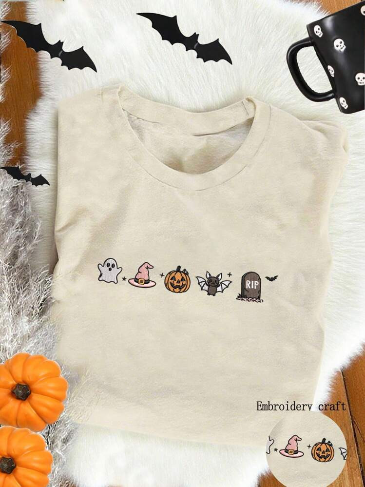 INAWLY Cute Halloween Embroidered Pattern Women's Embroidered Round Neck T-Shirt, Halloween Embro... | SHEIN