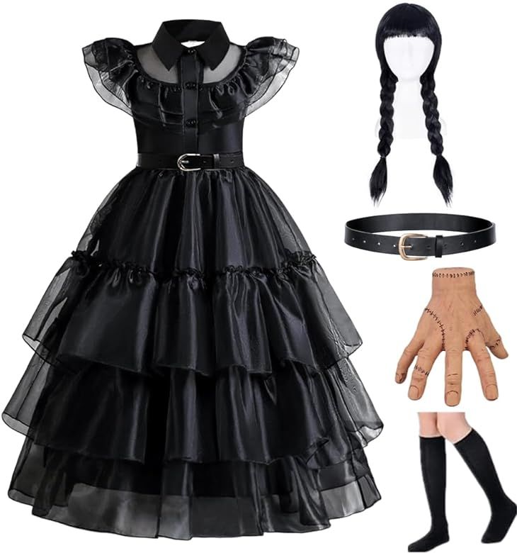 GUUZOGG Wednesday Addams Costume Dress for Girls, Kids Wednesday Addams Dress with Belt, Hallowee... | Amazon (US)