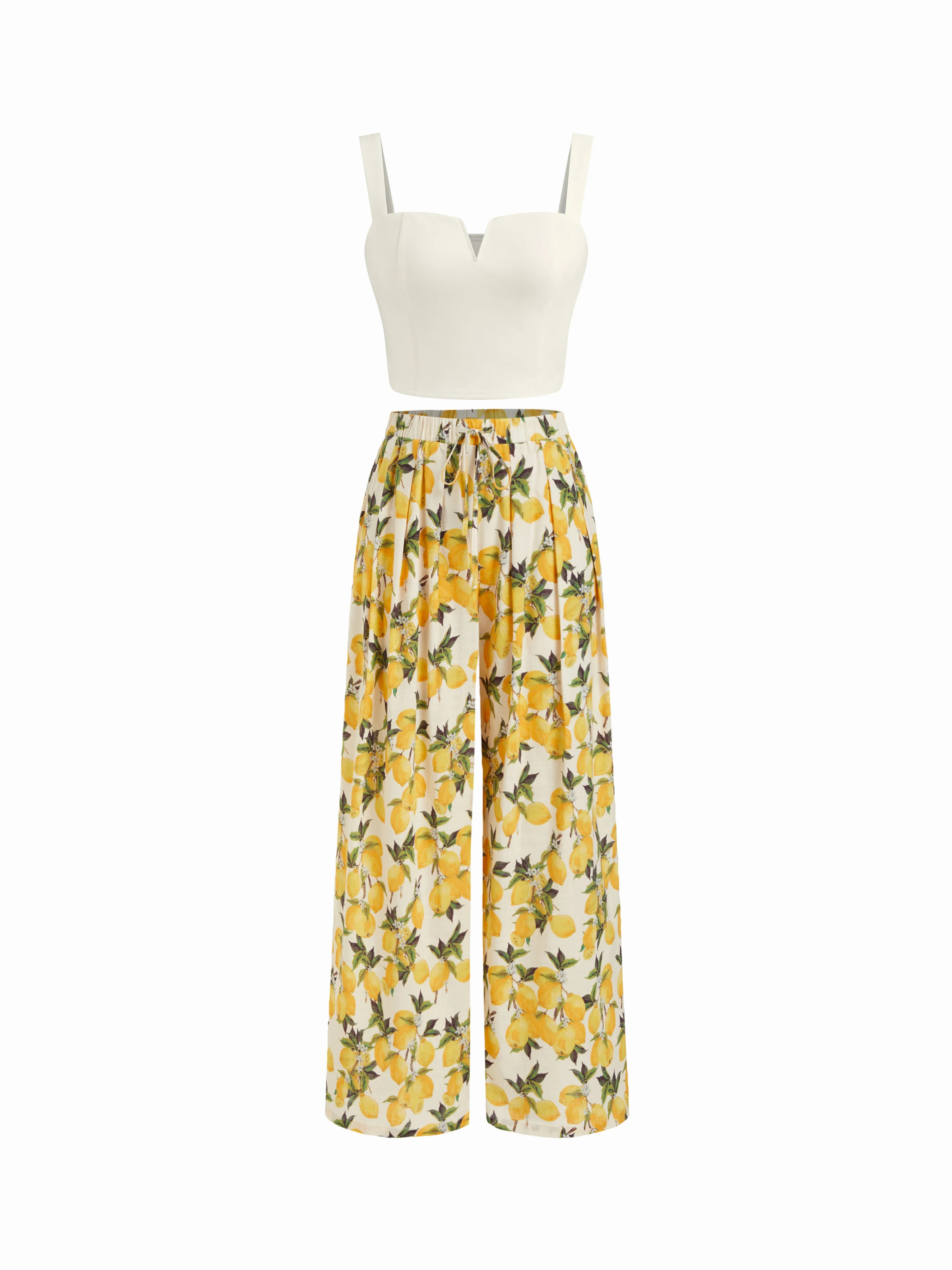 Woven Square Neck Solid Crop Tank Top With High Rise Abstract Knotted Wide Leg Trousers For Daily... | Cider