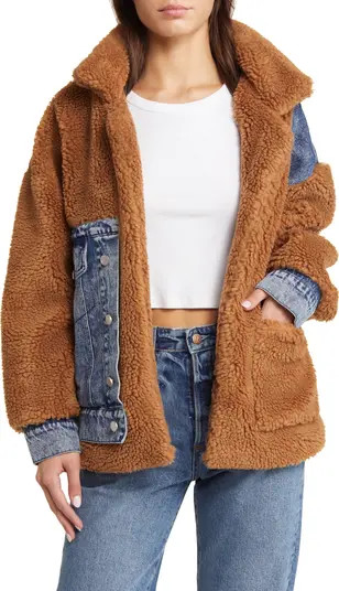 Denim Patchwork Faux Shearling Teddy Coat | Nordstrom