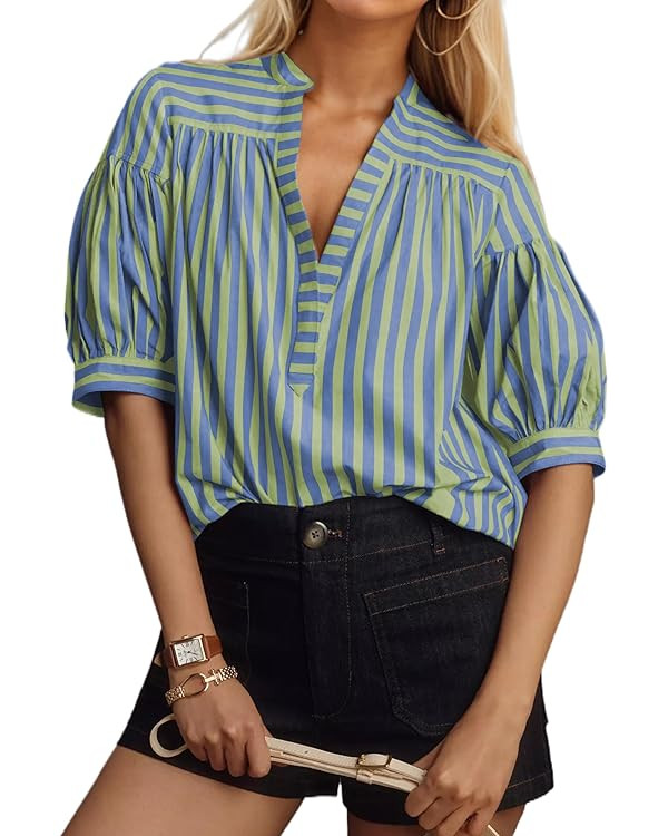 Womens Short Puff Sleeve Striped Blouses Top V Neck Loose Fit Casual Summer Work Blouses Striped ... | Amazon (US)