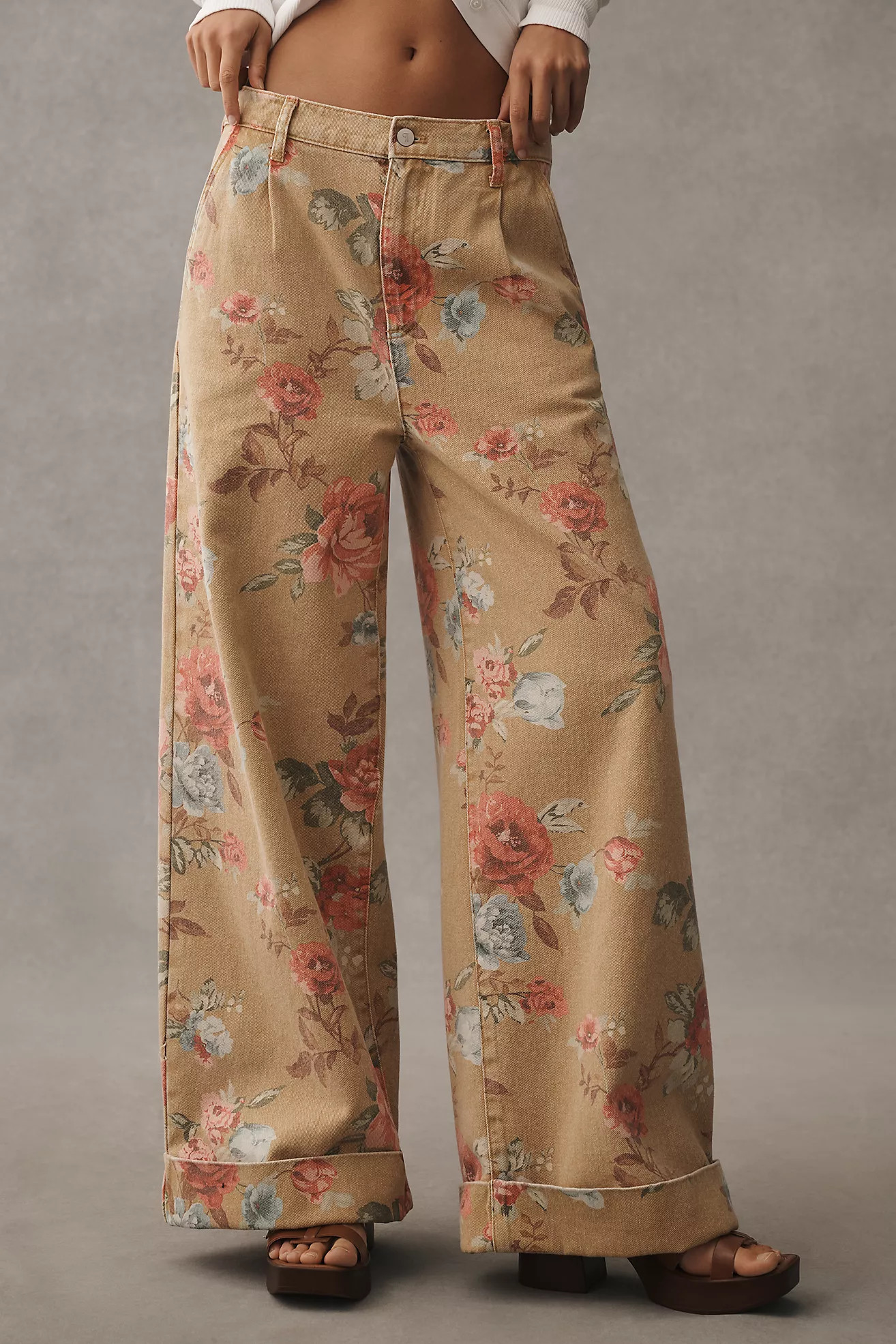 The Leon Double Hem High-Rise Wide-Leg Cuffed Jeans by Pilcro: Floral Edition | Anthropologie (US)