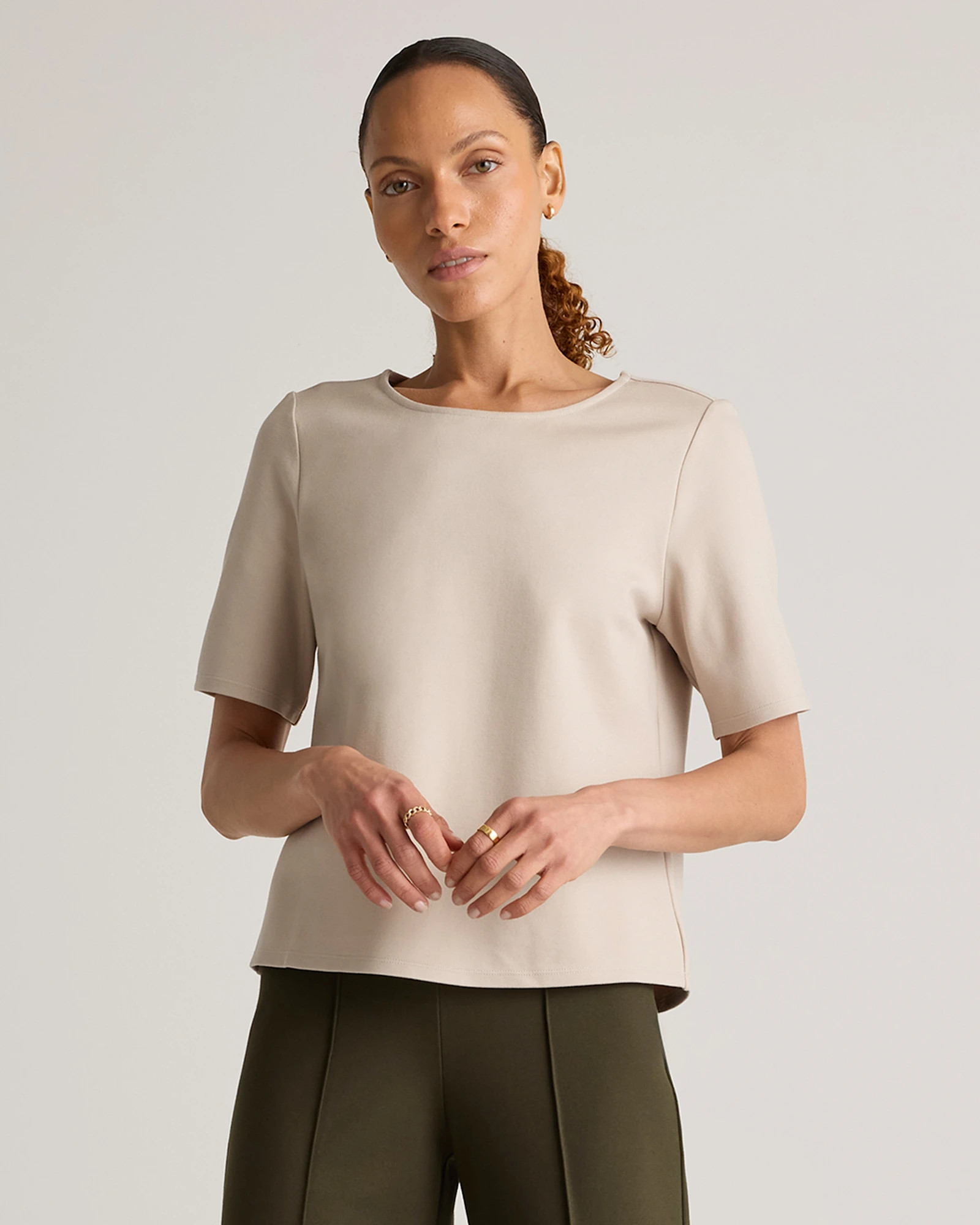 Quince | Women's Ultra-Stretch Ponte Short Sleeve Top in Ecru, Size XS, Rayon | Quince