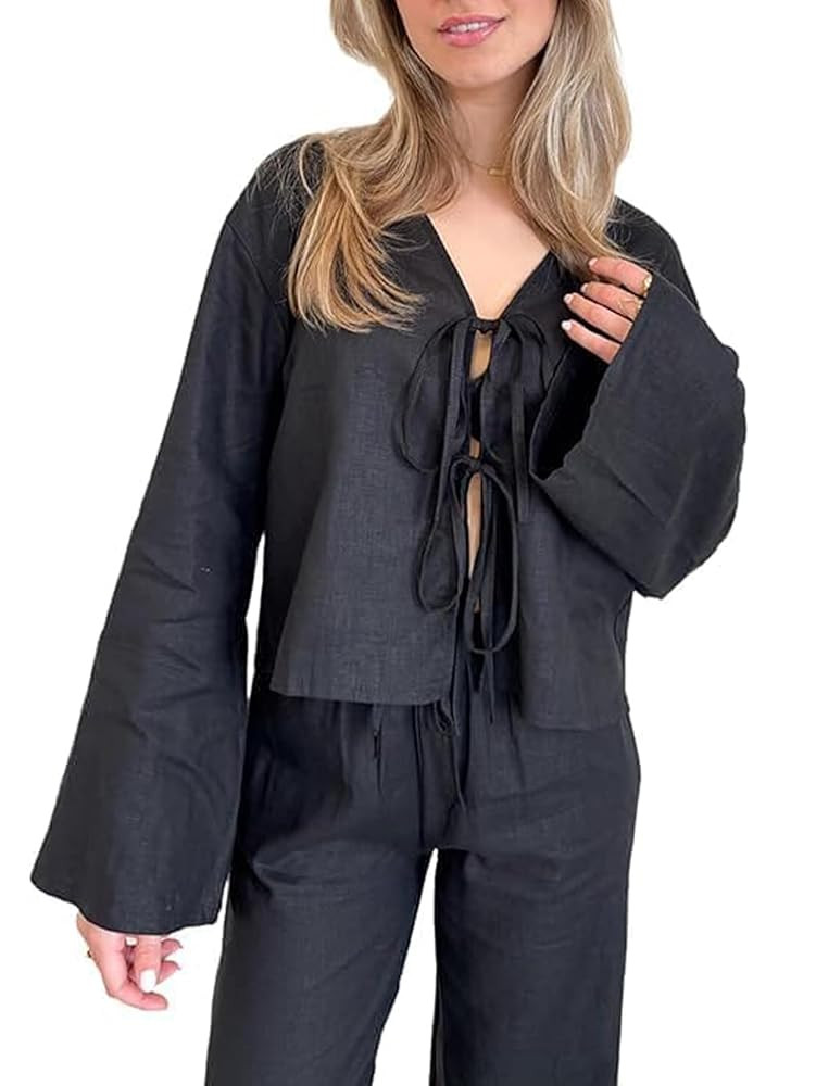 Chvity Tie Front Tops for Women Y2K Linen Shirts Flare Sleeve V Neck Going Out Coquette Clothes C... | Amazon (US)