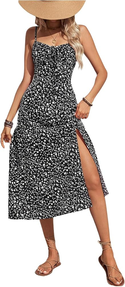 Floerns Women's Floral Print Tie Shoulder Cami Dress Ruched Bust Slit Boho Midi Dress | Amazon (US)