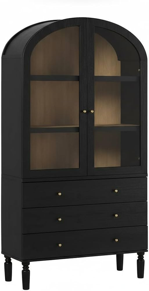 Walker Edison Darci Modern Arched Bookshelf Cabinet with Glass Doors and Lower Drawers, 74 Inch, ... | Amazon (US)