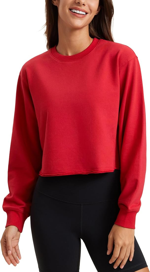 CRZ YOGA Womens Fleece Cropped Sweatshirts Crewneck Long Sleeve Sweat Shirts Double Raw Hem Worko... | Amazon (US)
