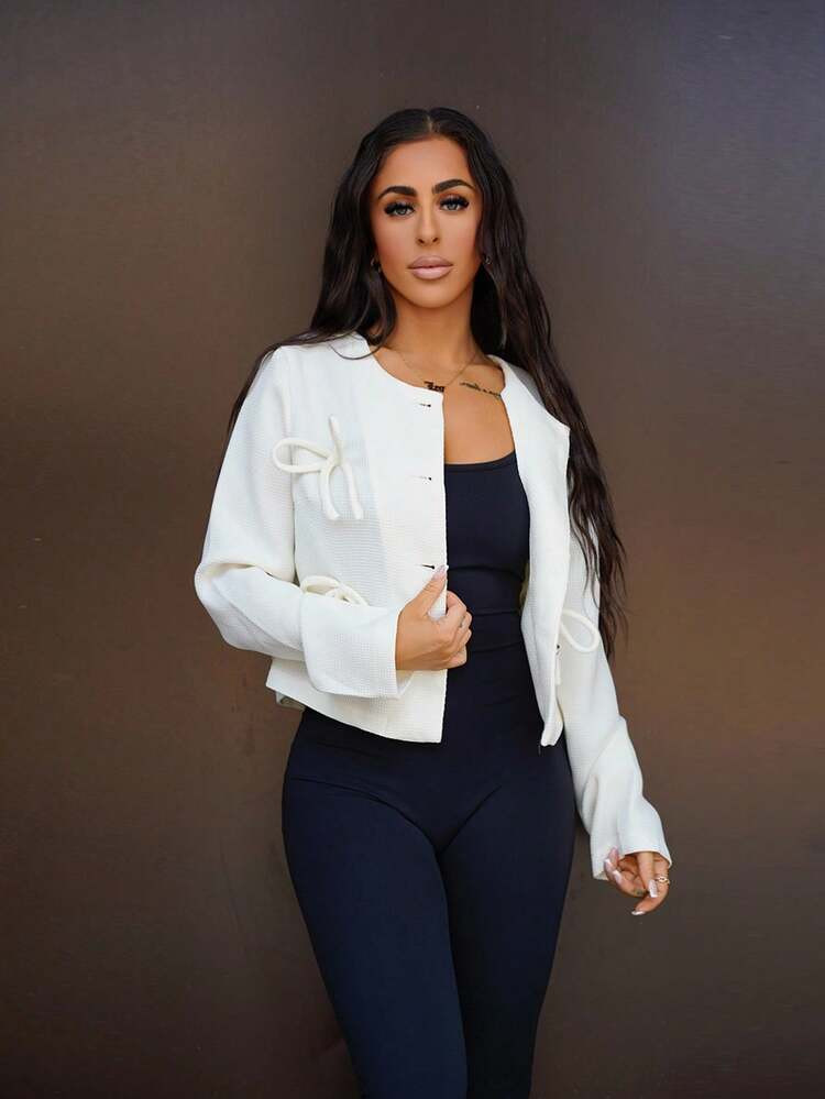 SAYEHFBABY Women's Front Button Long Sleeve Bow Decor Casual Jacket Coat Fall Winter Cloth For Wo... | SHEIN