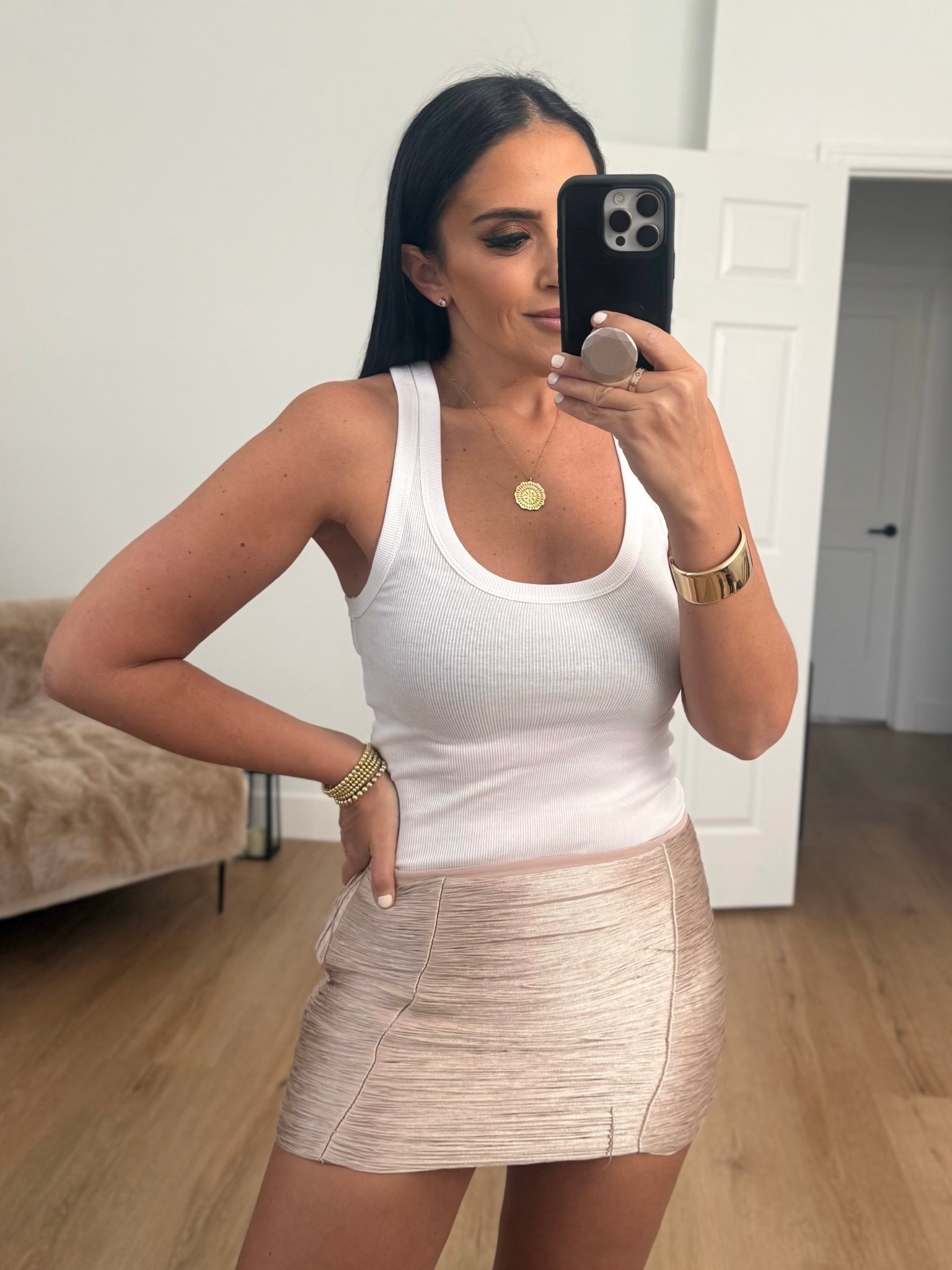 Strappy rib top wearing size medium only $12. Fringe mini skirt wearing size small. 