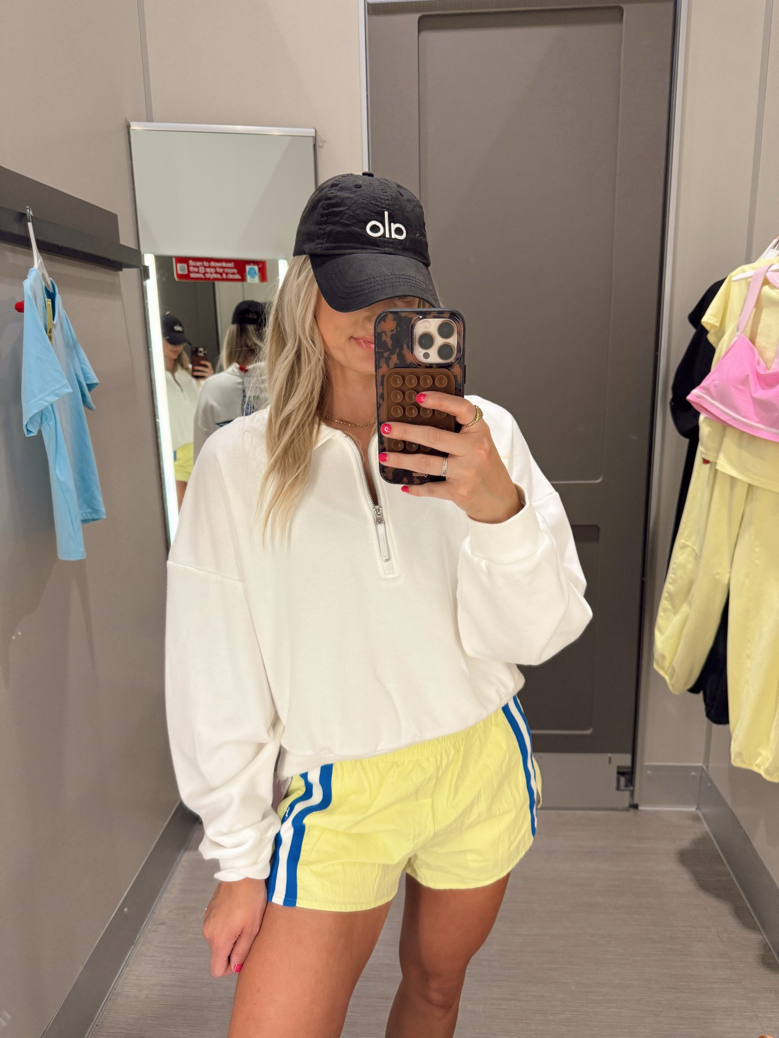yellow track shorts // target activewear // white pullover // half zip outfit // lounge wear // mom fashion 
