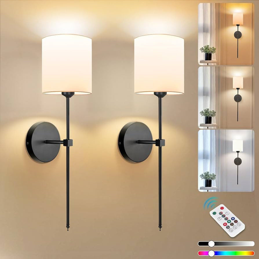 Adetu Battery Operated Wall Sconce Set of 2, 5CCT Black Rechargeable Wall Light with Remote, 10 D... | Amazon (US)