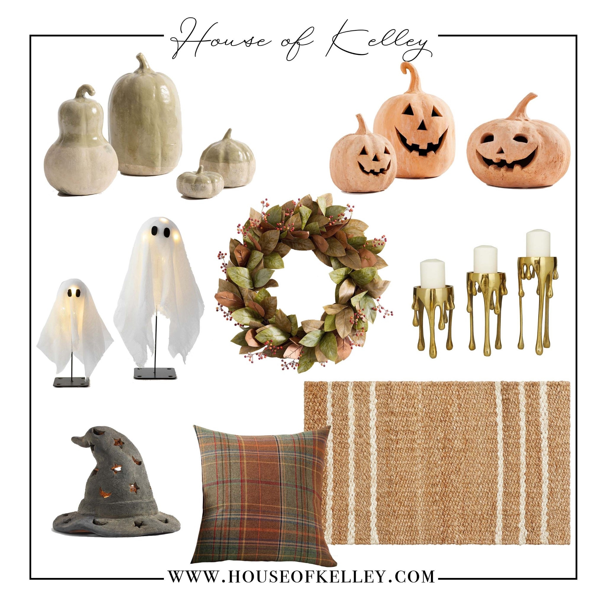Halloween decor, fall decorations, terra cotta pumpkins, pottery barn fall, fall pumpkins, witched hat, seasonal decor, brass candlesticks, gold candles, halloween candles, fall wreath, magnolia wreath, fall doormat, fall pillow, throw pillows, plaid pillow, ceramic pumpkins, green pumpkins, ghost decor, pb decor.

#LTKHome #LTKautumn #LTKSeasonal