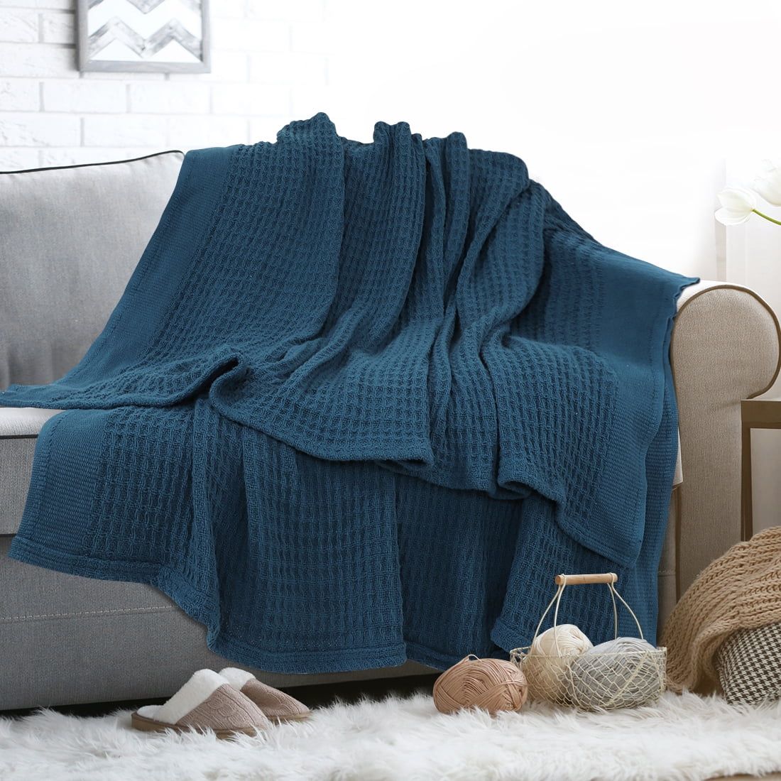 PiccoCasa 100% Cotton Waffle Woven Soft Knit Throw Blanket  Couch Sofa,Teal Blue,Queen(90"x90") | Walmart (US)