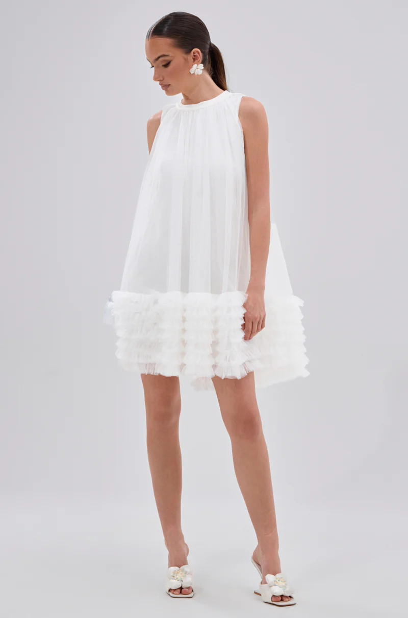 ARI TULLE RUFFLE MINI DRESS IN WHITE | AKIRA