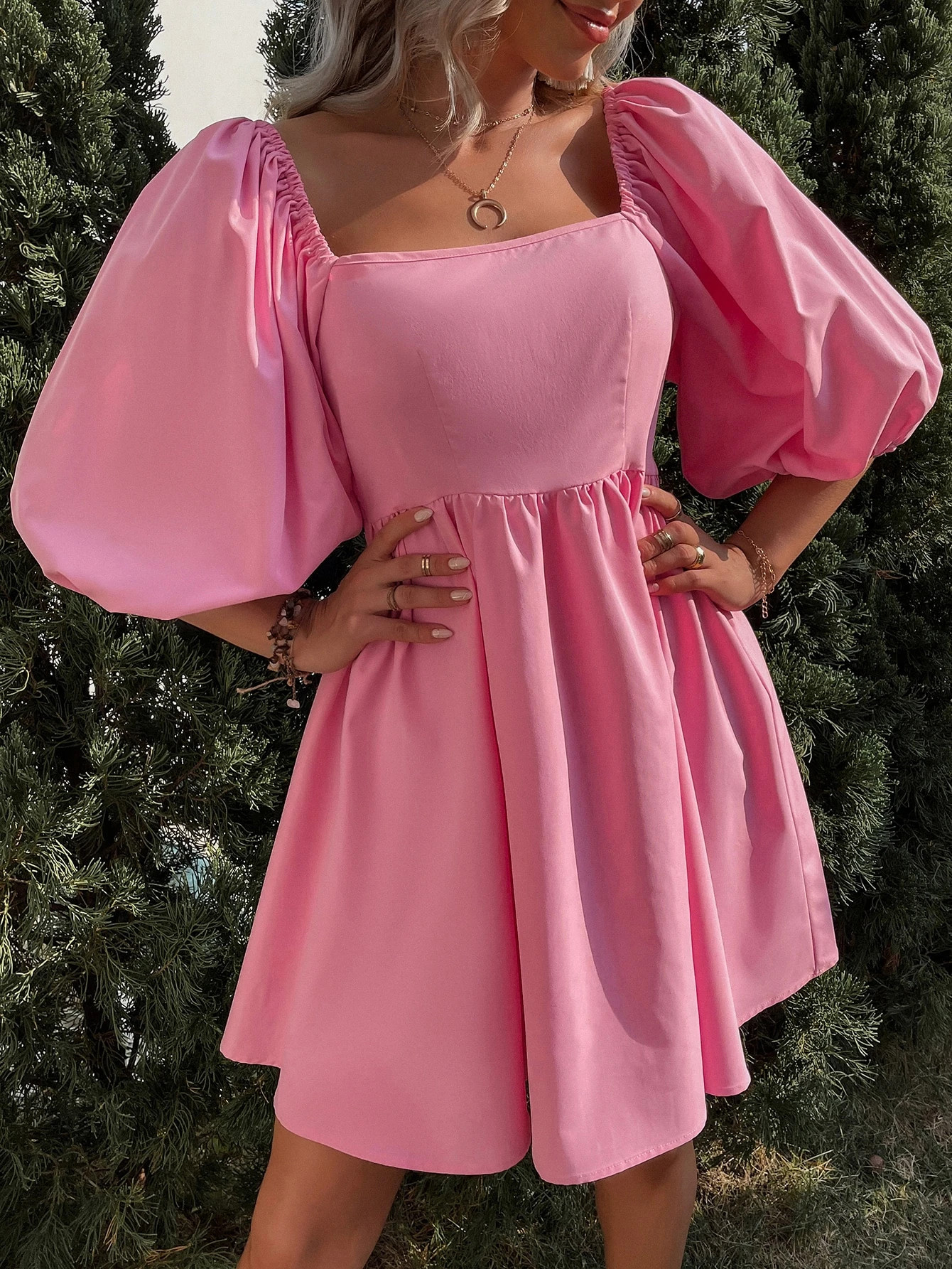 SHEIN VCAY Puff Sleeve Square Neck Dress | SHEIN