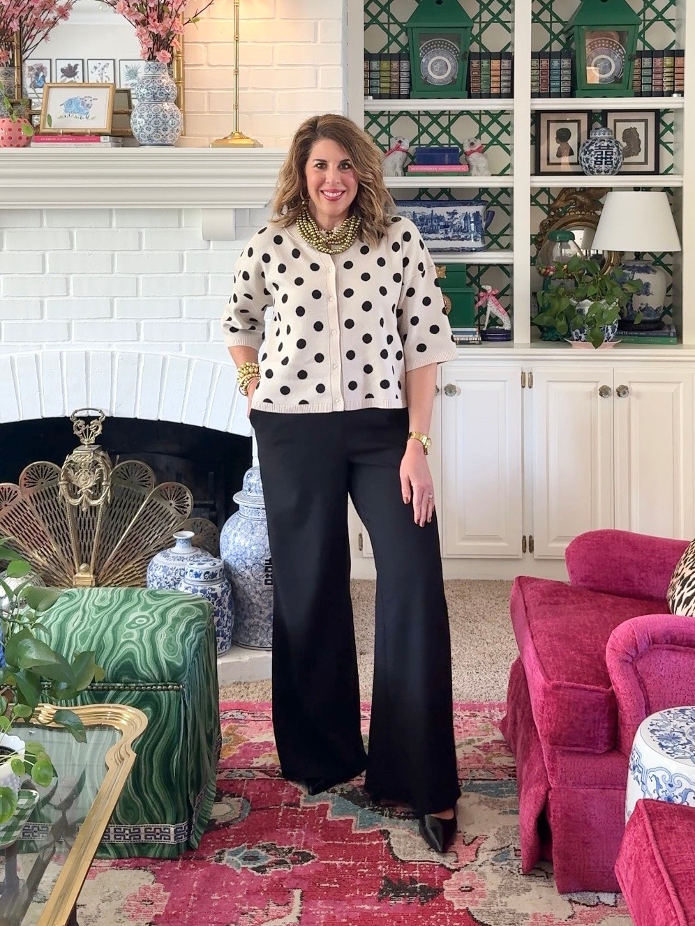 Loving this short sleeve Polka dot sweater! Pants feel like dress pants but are pull on, have pockets, easy care fabric, and are super flattering! Multiple colors and lengths. 
#ltkworkwear #workwearover50 #ltkover50 #ltkover40 #affordableoutfit