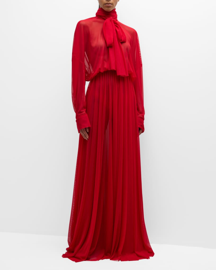 Norma Kamali Super Oversized Boyfriend Tie-Neck Flared Gown | Neiman Marcus