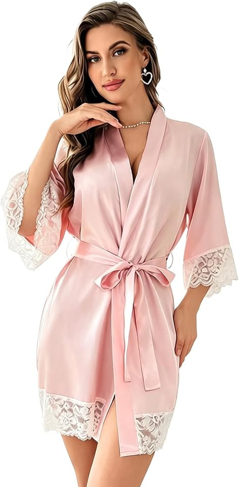 Womens Silk Robe Short Lace Trim Satin Robe 3/4 Sleeve Sexy Kimono Bride Bathrobe Comfy Sleepwear | Amazon (US)