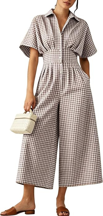 Yeokou Women's Gingham Button Down Jumpsuits Short Sleeve Pleated High Waist Wide Leg Pocketed Ca... | Amazon (US)