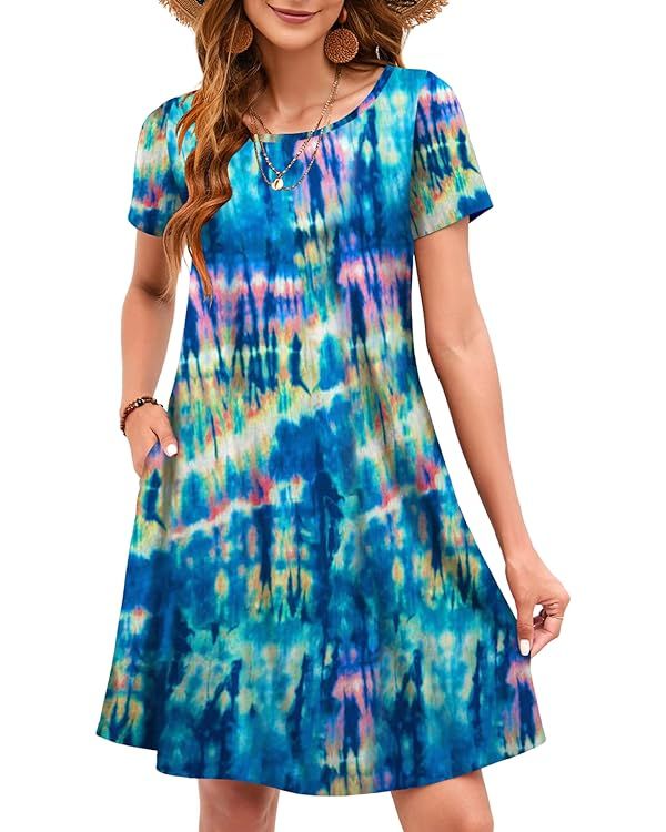 Sherosa Summer Dresses for Women 2024 Beach Floral Sundress Short Sleeve Pockets Casual Tshirt Dr... | Amazon (US)