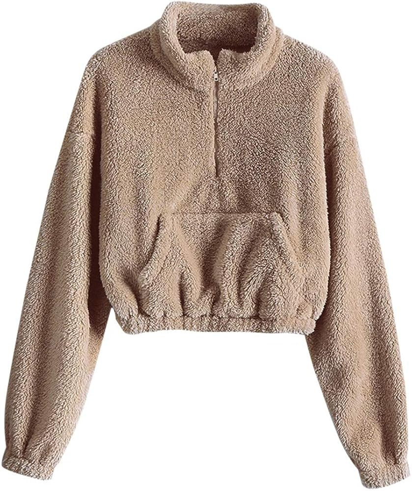 ZAFUL Women's Long Sleeve Hoodie Faux Fur Solid Color Crop Pullover Sweatshirt Tops | Amazon (US)