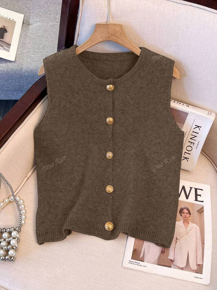 1pc Minimalist Solid Color Soft Gentle Metal Button Decor Knit Vest, Round Neck Fashion Sweater Vest, Autumn/Winter | SHEIN