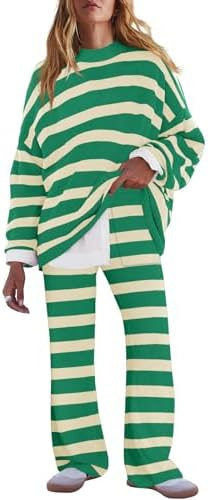 LAMISSCHE Oversized Womens Lounge Set Striped Sweater Set Long Sleeve 2 Piece Pajama Set Top and ... | Amazon (US)