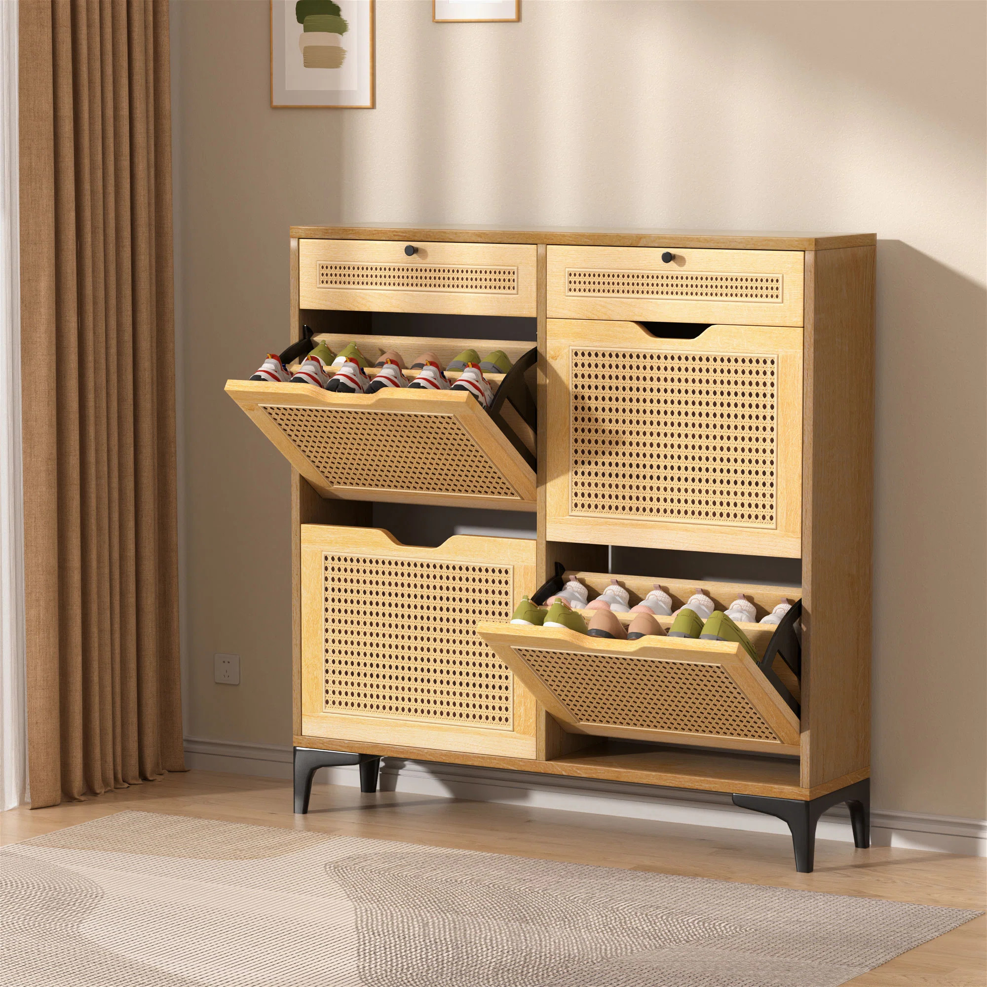 Bayou Breeze Luna 4 Flip Drawers Rattan Shoe Cabinet With Drawer & Reviews | Wayfair | Wayfair North America