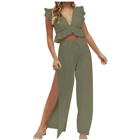 Beach Outfits for Women Boho Summer Outfits for Women Clothing Set Female V-Neck Sleeveless Tops Pants Sets Trousers Pant Style S_557 Women s Tracksuits Green-1 S | Walmart (US)