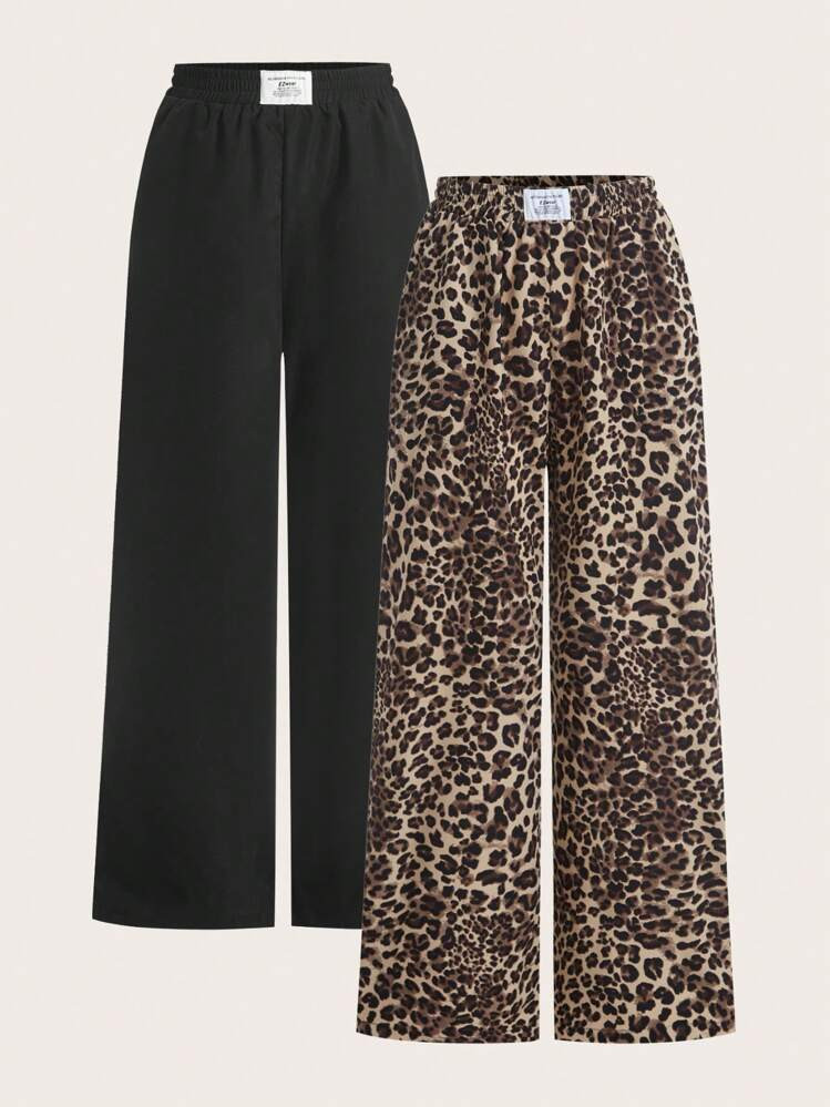SHEIN EZwear 2pcs Women's New Black & Leopard Print Wide Leg Pants | SHEIN