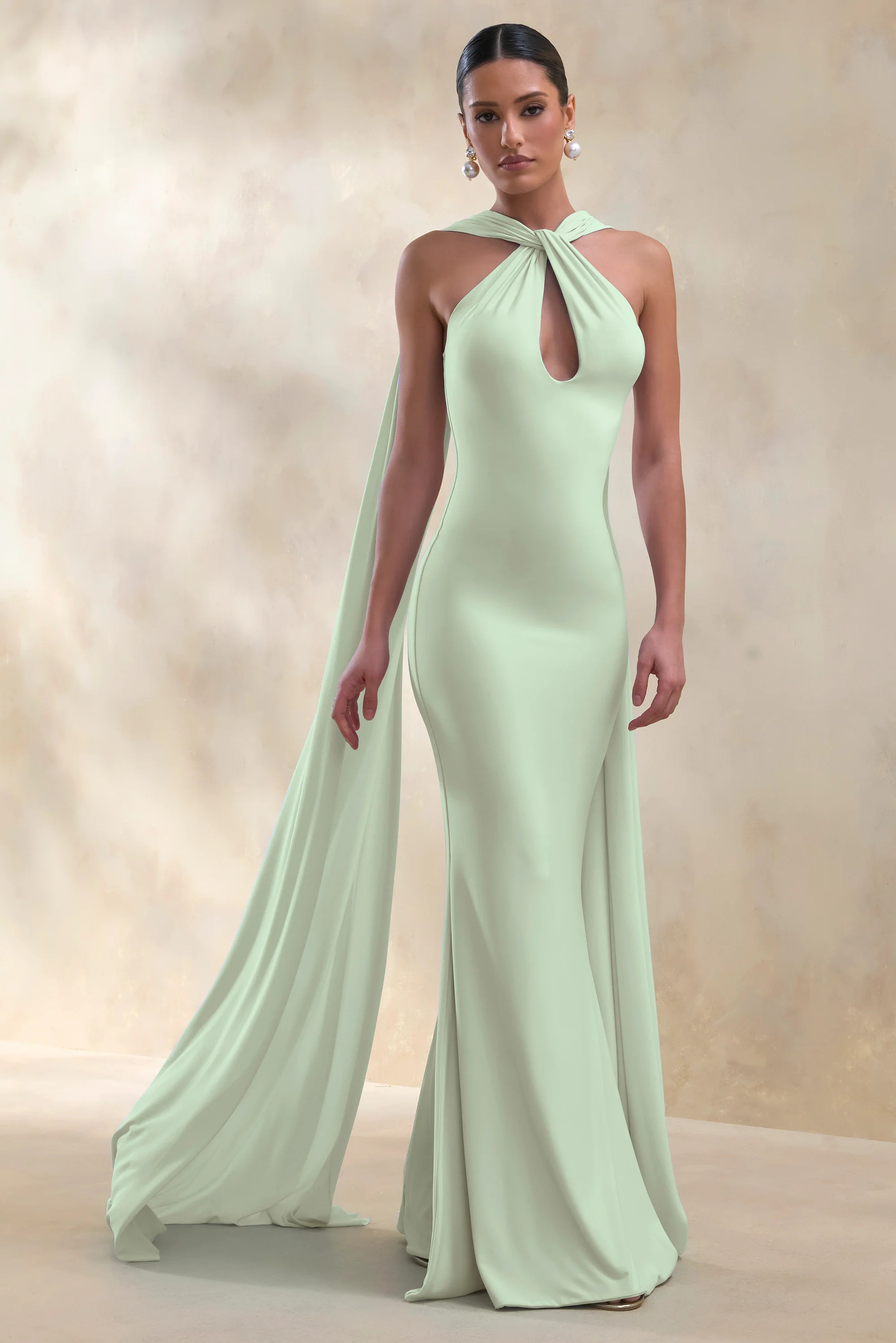 Rhoda | Mint Twist Halter-Neck Cape Maxi Dress | Club L London