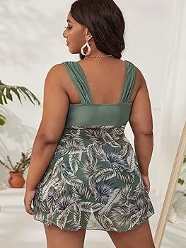 MakeMeChic Women's Plus Size Tankini Swimsuit Plant Print Two Piece Bathing Suit | Amazon (US)