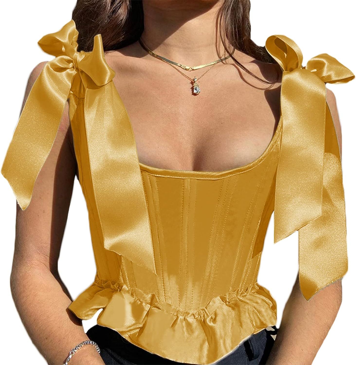 Women Bustier Corset Top Sexy Scoop Neck Tie Shoulder Tank Top Fashion Y2K Silk Satin Camisole Ca... | Amazon (US)