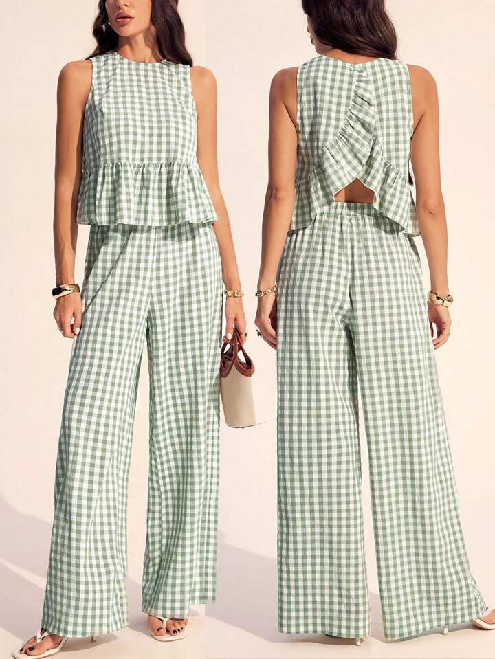 SHEIN Tall Women's Boho Chic Summer Outfits For Women 2025: Mint Green Plaid Ruffle Hem Sleeveless Open Back Blouse & Wide-Leg Pants Set - Vacation, Festival, Beach Resort Casual Two Pieces Ensemble With Breathable | SHEIN