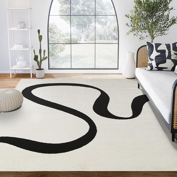 Abani Abstract Beige/Black Area Rug - 8'x10' - Modern Curved Line Design - Deco Collection - Easy... | Amazon (US)