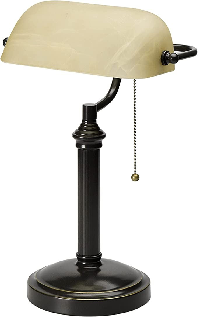 WIDELUCK Vintage Banker Table Lamp with Pull Switch, 15" High Antique White Shade Copper Decor Ho... | Amazon (US)