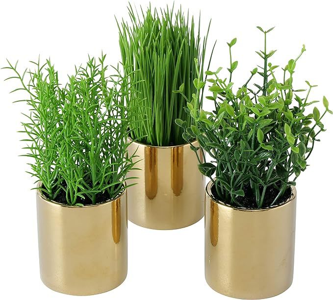 WHW Whole House Worlds 3 Piece Realistic Potted Plant Set, Gold Metallic Cache Pots, Green Leaves... | Amazon (US)