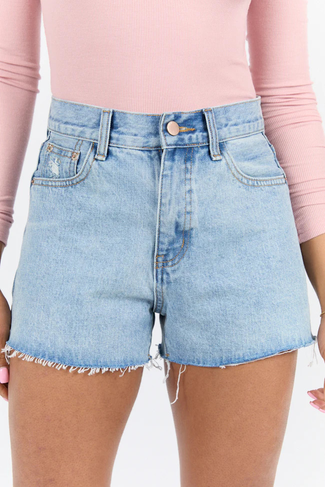 Give It A Go Light Wash Raw Hem Denim Shorts | Pink Lily