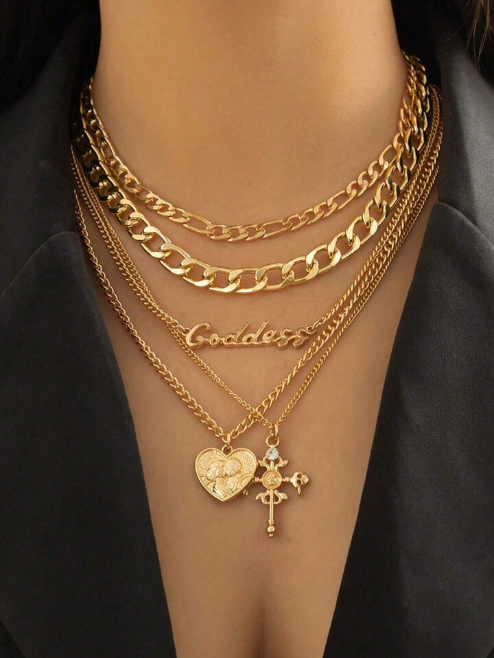 5pcs Retro Multi-Layer Heart Shaped Relief Figure & Cross Pendant Necklace | SHEIN USA | SHEIN